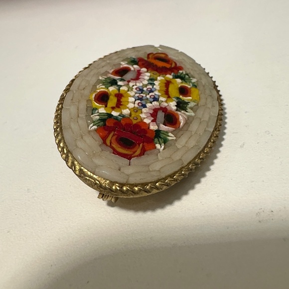 Vintage Italian Micro Mosaic Floral Oval Brooch - Picture 2 of 7